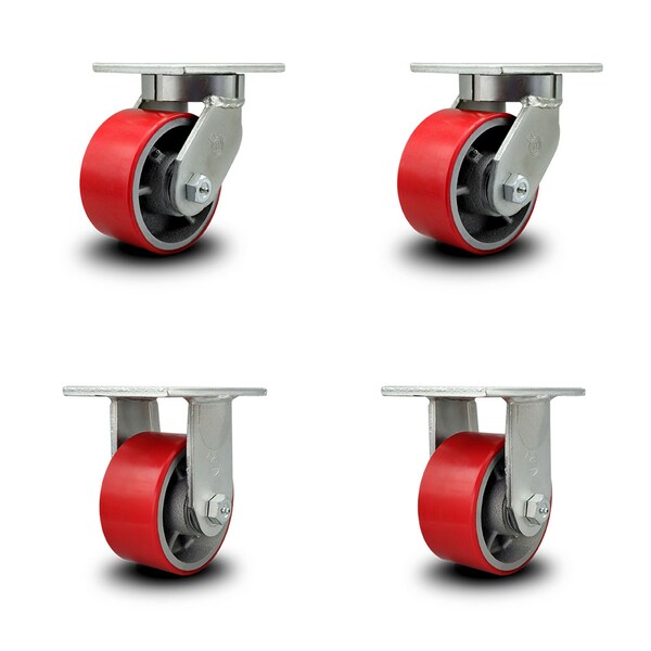 6 Inch Heavy Duty Red Poly on Cast Iron Caster Swivel Locks 2 Rigid SCC, 2PK